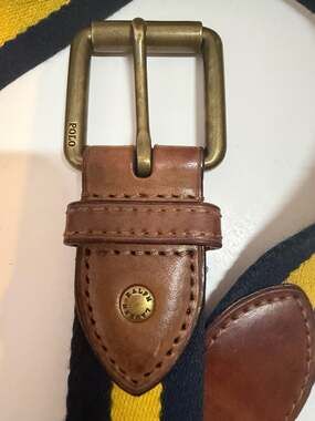 Polo Ralph Lauren Men's Webbed Stripe Belt with Leather Trim & Brass Roller Buck